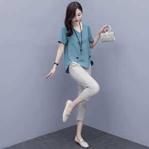 外贸出口意大利尾单原单撤柜棉麻套装女装夏装新款休闲亚麻两件套