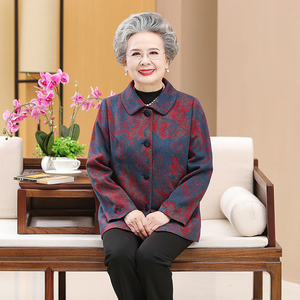 70岁老人衣服女妈妈新款外套春秋中老年长袖翻领开衫新款纽扣上衣