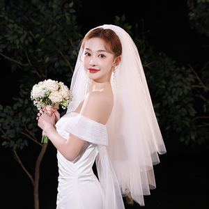 新款韩式新娘结婚婚礼头纱头饰超仙森系婚纱旅拍多层领证拍照头纱