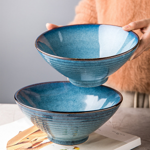 悠瓷 创意螺纹8英寸拉面碗家用陶瓷汤碗复古斗笠碗商用大号吃面碗
