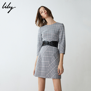 【折扣价】Lily2019春新款女装商务拼接格纹腰带七分袖连