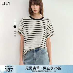 【呼吸Tee】LILY2024夏新款撞色条纹微廓形基础百搭宽松白T恤女