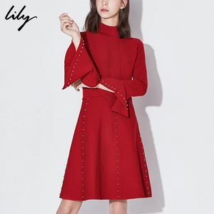 【双11狂欢价】预定Lily冬新款女装铆钉大红色螺纹修身横机