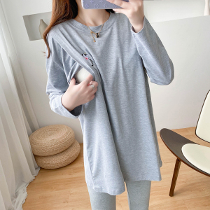 产后喂奶哺乳衣侧开口大码t恤辣妈新款外出服长袖睡衣浦乳期上衣