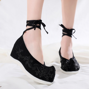 汉服鞋女高跟浅口系带翘头履黑弓鞋修士白布鞋古风古装坡跟禅修鞋