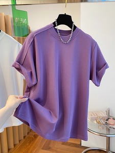 2024夏季新款韩版宽松紫色t恤女短袖内搭圆领纯棉体恤打底衫上衣