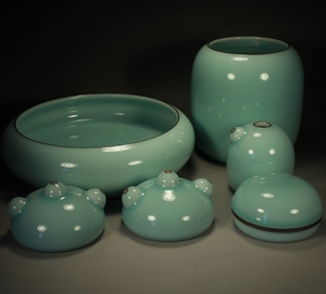 龙泉青瓷 浙江省工艺美术大师王传斌代表作《紫口文房6件套粉青》