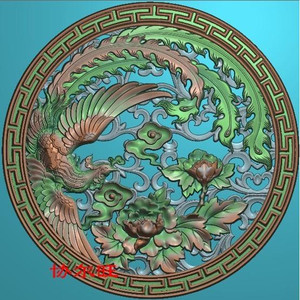 凤凰戏牡丹灰度图浮雕精雕图artcam玉雕木雕图46牌挂件圆牌凤凰凤