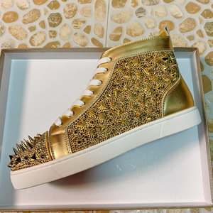 cl dc villai新款欧美金色水钻男鞋捷钻海参铆钉高帮系带红底鞋潮