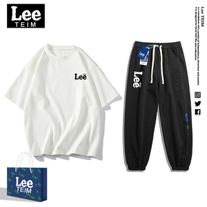 Lee Teim春夏季短袖运动套装男女潮牌一套两件套长裤子情侣衣服
