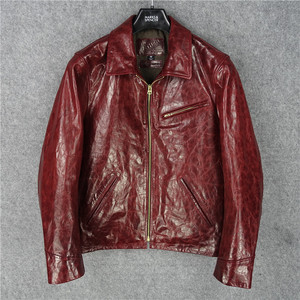 出口意大利奢货全植鞣酒红重褶皱做旧绵羊皮真皮皮衣男修身1930款
