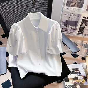 广州十三行爆款女装~珍珠泡泡袖丨白色衬衫女夏季短袖设计感小众