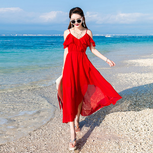 红色沙滩裙波西米亚长裙夏季海边度假雪纺V领吊带露背连衣裙超仙