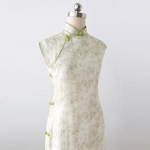 繁莳 青竹 2022原创复古日常短袖旗袍苎麻绿色竹纹平裁旗袍