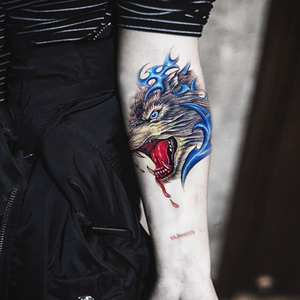狼头纹身贴防水持久全狼男女手臂逼真图腾龙狼头麒麟滴血狼头刺青