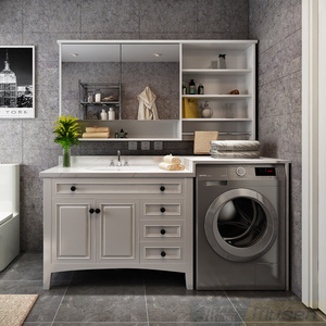 现代浴室柜组合实木落地洗手洗脸盆大理石卫生间滚筒洗衣机柜一体