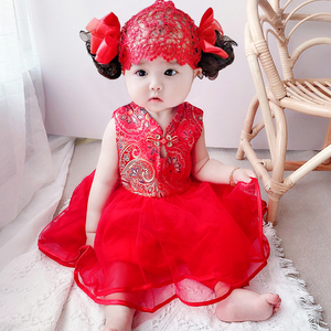 夏季女宝宝周岁礼服婴童小花童红色连衣裙中国风百天生日公主裙