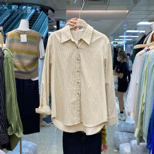 衬衫女春秋2021早秋别致条纹不规则韩国东大门翻领长袖衬衣上衣服