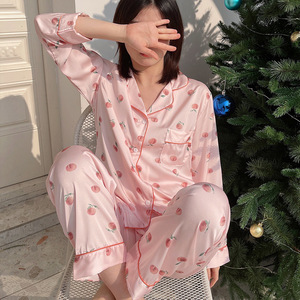 少女心粉色水蜜桃印花夏季高级感睡衣女冰丝绸春秋舒适家居服套装