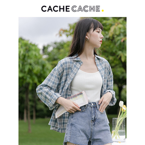 Cache Cache复古格子Polo领衬衫女春季新款长袖衬