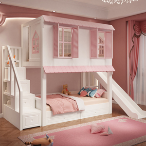 树屋儿童床女孩公主上下同宽高低床双层床铺高护栏滑梯城堡子母床