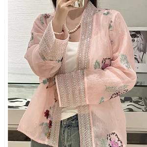 新中式国风绣片蕾丝网纱珠链重工高级外套女新款亮片粉色外搭上衣