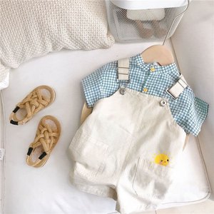 儿童韩版周岁礼服格子背带裤套装男女小童夏季宝宝衬衫短袖两件套