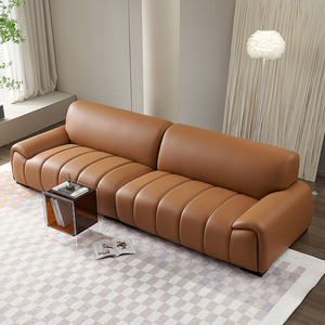 意式极简全真皮沙发直排四人位豆腐块一字型家用客厅厚牛皮沙发