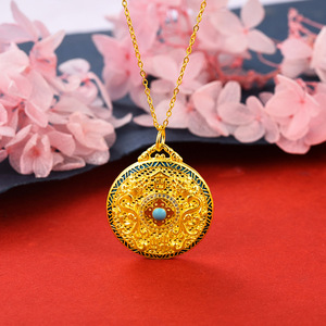 沙金3d镀黄金色项链护身符圆形镂空八宝保平安扣吊坠男女情侣礼物