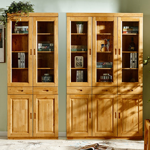 柏木书柜转角纯实木储物柜自由组合带玻璃门书架现代中式家具客厅
