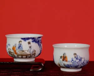 余寅窑余国旺造款青花加彩西园雅集图炉式杯对杯【华艺轩】