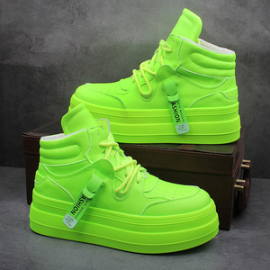 男鞋2022新款冬季加绒荧光绿鞋子男潮鞋百搭潮流男士高帮鞋内增高