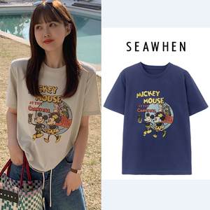 seawhen海维恩夏季新款韩版洋气甜美减龄欢乐米奇鼠雪花棉短袖T恤