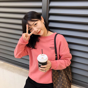 ng定制 加绒卫衣女2019冬季宽松百搭圆领加厚字母bf慵懒风上衣