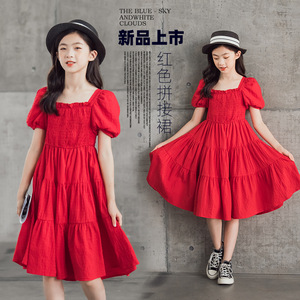 女童方领泡泡袖连衣裙夏季新款韩版中大童洋气纯棉红色公主蛋糕裙
