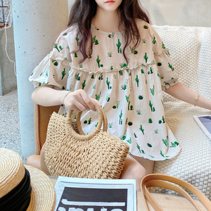 娃娃衫上衣2022年夏季韩版宽松圆领甜美花边灯笼袖碎花棉麻衬衫女