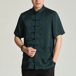 中国风夏季唐装蓝色绿色中式男士短袖衬衫复古休闲中年上衣功夫衫