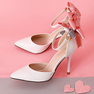 粉色少女系尖头显瘦高跟鞋后跟甜美蝴蝶结一字扣中空女款白凉鞋新