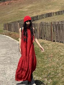 小众设计法式度假风超好看长裙复古氛围感红色无袖连衣裙子女夏季