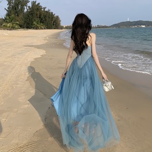超仙甜美吊带连衣裙女性感开叉海边度假长裙海南三亚巴厘岛沙滩裙