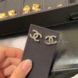 现货shaw英国购chanel香奈儿23k满钻双c耳钉耳环香槟金水钻双c