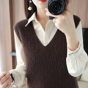 秋冬100%纯羊绒马甲背心针织女v领复古无袖毛衣坎肩内外搭叠绞花