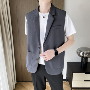 夏季西装马甲男黑色休闲薄款西服无袖外套背心马夹婚礼短袖上衣