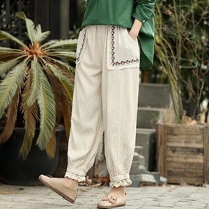 甜美森系刺绣口袋亚麻花苞裤女蕾丝贴布春夏新款减龄清新哈伦裤女