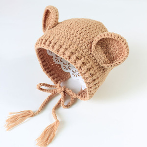 婴儿帽子秋冬宝宝新生儿帽毛线手工手钩针织护宝宝周岁满月防风帽