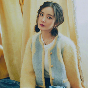 calbou kimct杨幂明星同款淡黄色外套拼色针织开衫女毛衣秋冬新款