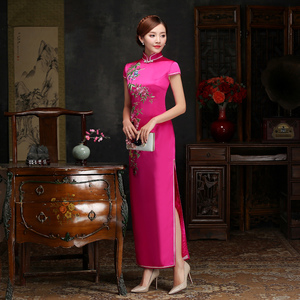 绝色红颜旗袍连衣裙走秀演出长款年会主持礼仪重磅真丝可定做