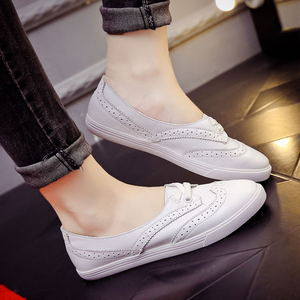 香港真皮小白鞋女夏季浅口休闲女鞋透气白色平底板鞋一脚蹬懒人鞋