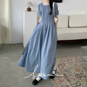 【BM3.18新品】显白的蓝格百搭圆领花边小米格连衣裙夏季气质长裙