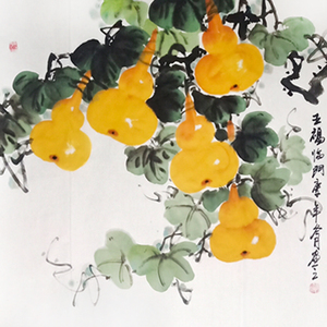 五福临门玄关走廊过道装饰画餐厅挂画手绘国画花鸟画葫芦斗方字画